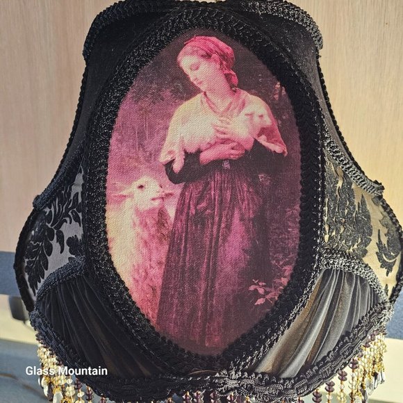 SOLD - Victorian Hand Sewn Woman & Lambs Floral Glass Beaded Fringe Lamp Shade - Picture 3 of 10